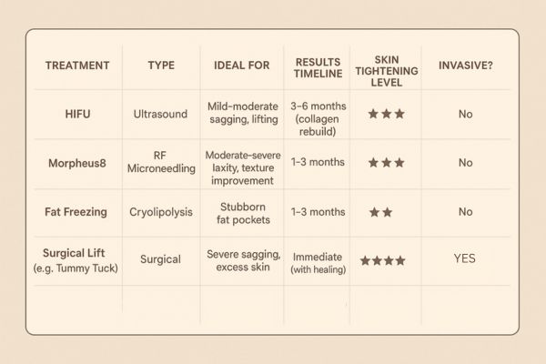 Table showing the comparisons of Skin tightening Hatfield treatment options.